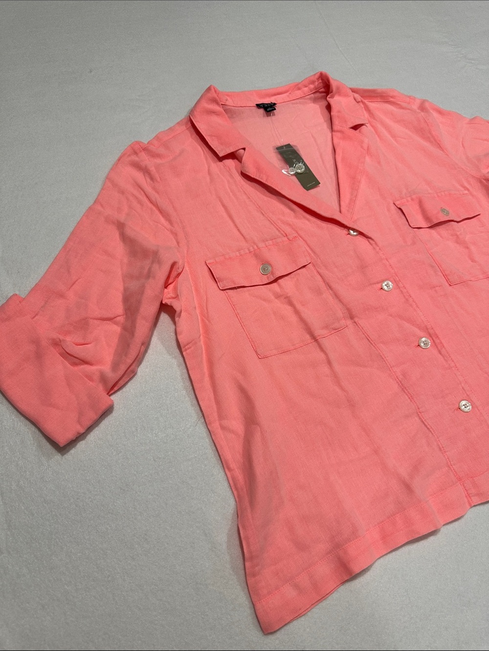 NWT J. Crew Women’s Bright Coral Linen-Blend Button-Front Utility Shirt, Size 18